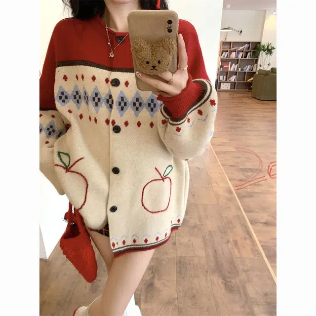 纤丝鸟 复古风格简约宽松提花刺绣拼色设计慵懒上衣针织衫 女款