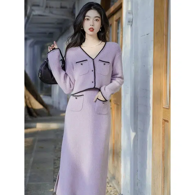 纤丝鸟 奶甜系小香风套装高级感纯欲风吊带开衫长袖连衣裙 女款