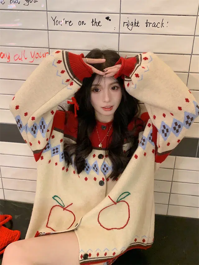 纤丝鸟 复古风格简约宽松提花刺绣拼色设计慵懒上衣针织衫 女款