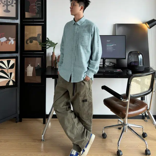 纤丝鸟 职场宽松百搭条纹设计感上衣破洞印花长袖衬衫 男女同款