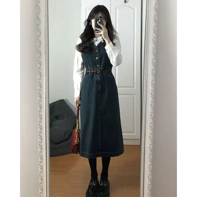 纤丝鸟 法式小香风牛仔裙复古气质显瘦背带套装长袖连衣裙 女款