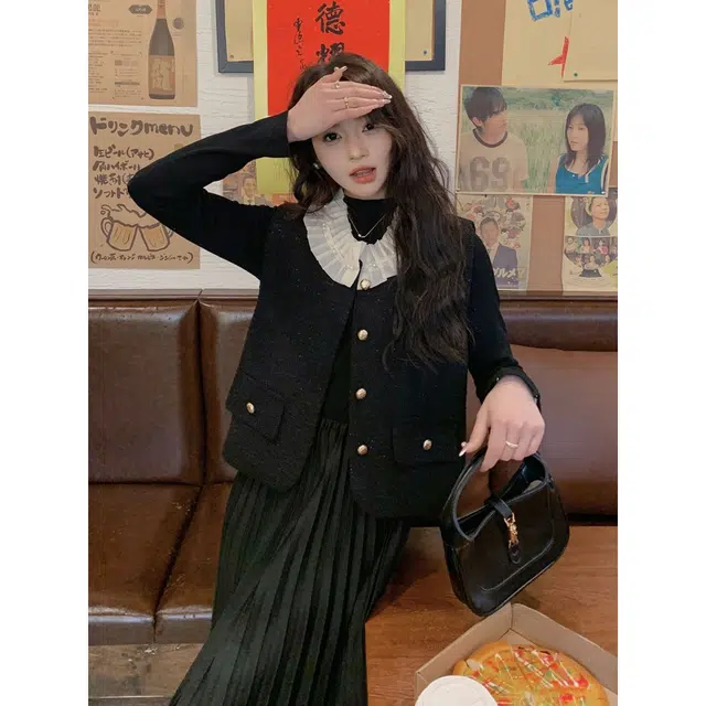 纤丝鸟 法式马甲长裙气质修身显瘦两件套长袖连衣裙 女款