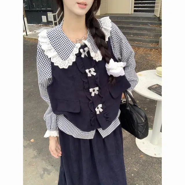 纤丝鸟 日系甜美娃娃领格子衬衫木耳边马甲半身裙时尚女裙装套装 女款