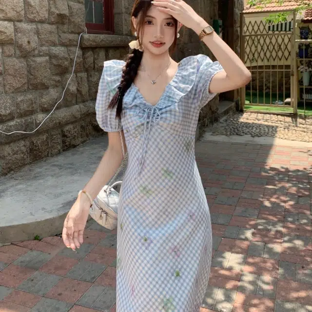 纤丝鸟 法式清新甜美风格纹别致收腰泡泡仙女裙碎花长裙短袖连衣裙 女款