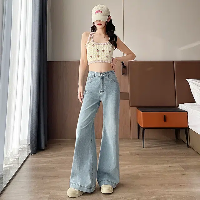 纤丝鸟 美式高腰显瘦阔腿微喇弹力百搭垂感时尚复古牛仔裤 女款
