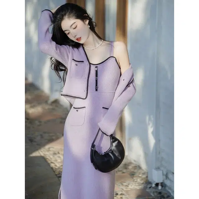 纤丝鸟 奶甜系小香风套装高级感纯欲风吊带开衫长袖连衣裙 女款