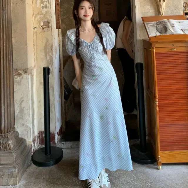 纤丝鸟 法式清新甜美风格纹别致收腰泡泡仙女碎花短袖连衣裙 女款