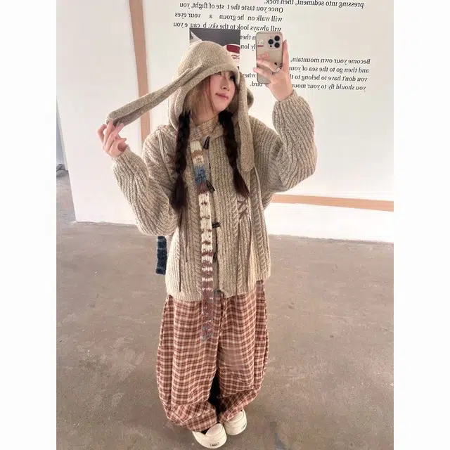 纤丝鸟 美式复古兔耳朵连帽开衫外套宽松慵懒风上衣潮针织衫 女款