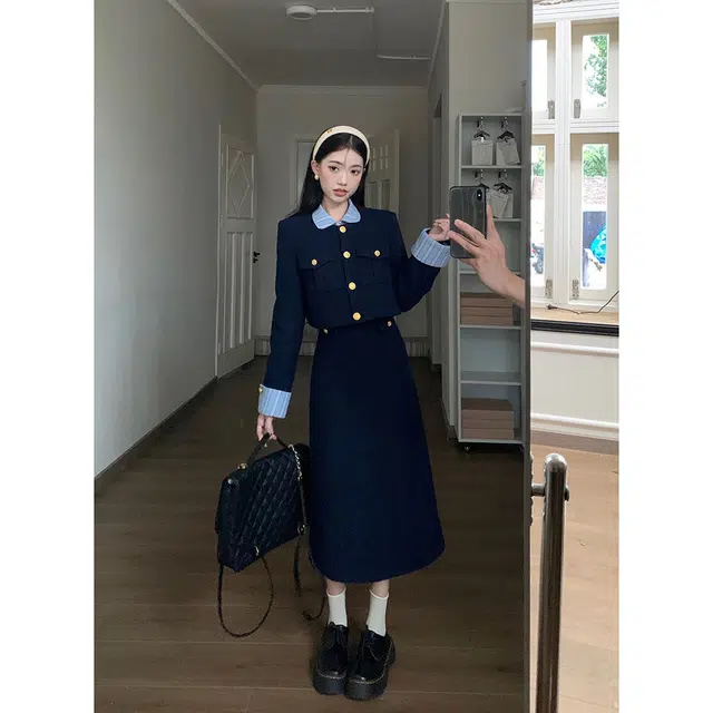 纤丝鸟 法式简约舒适优雅复古风格小香风拼接设计长袖连衣裙 女款