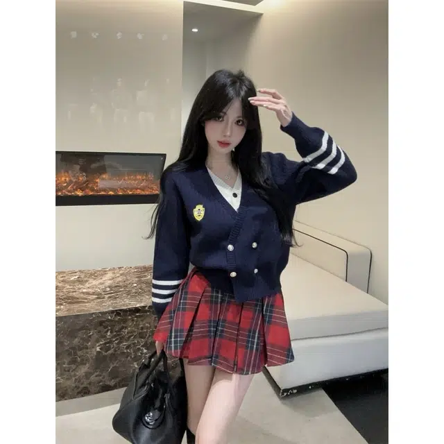 纤丝鸟 韩版学院风减龄双排扣假两件开衫格子半身裙裙装套装 女款