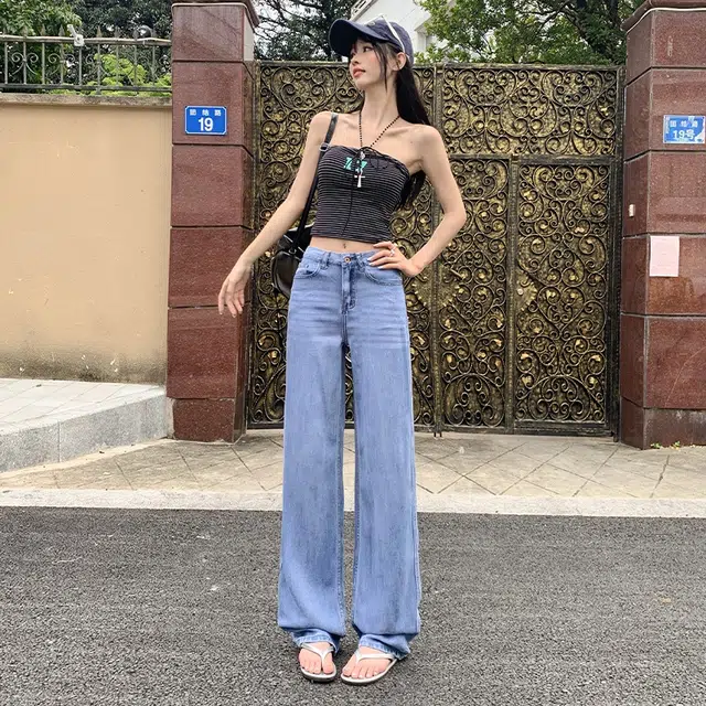 纤丝鸟 美式时尚复古高腰显瘦阔腿垂感百搭直筒透气舒适牛仔裤 女款