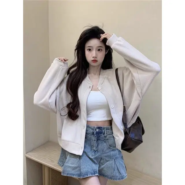 纤丝鸟 小香风纯色长袖短款圆领休闲宽松上衣截短外套 女款