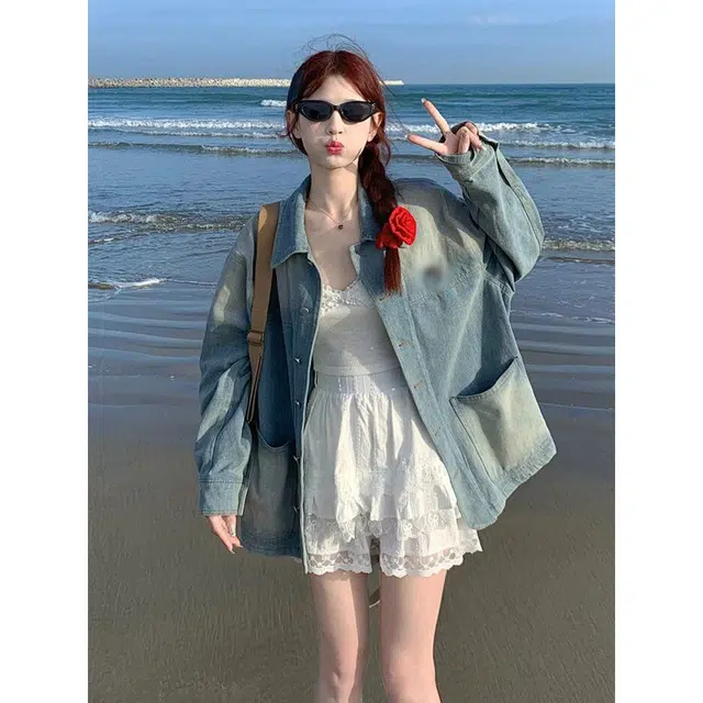 纤丝鸟 复古简约宽松显瘦设计感休闲百搭上衣潮截短外套 女款