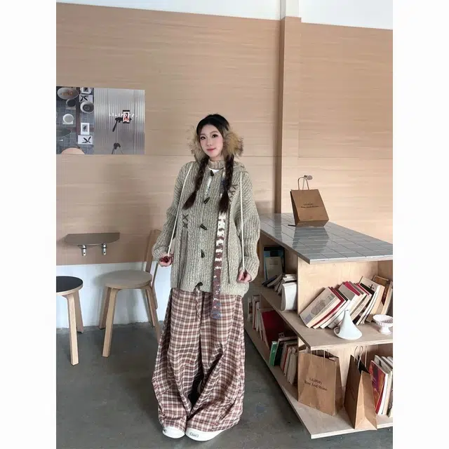 纤丝鸟 美式复古兔耳朵连帽开衫外套宽松慵懒风上衣潮针织衫 女款