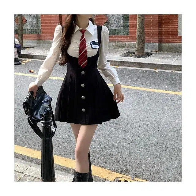 纤丝鸟 美式假两件甜辣学院风收腰显瘦连衣裙女长袖衬衫裙装套装 女款