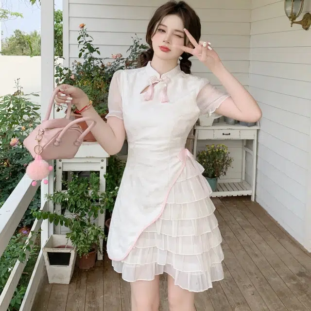 纤丝鸟 春夏 新中式甜美拼接轻盈收腰显瘦蝴蝶结网纱短袖连衣裙 女款 图色