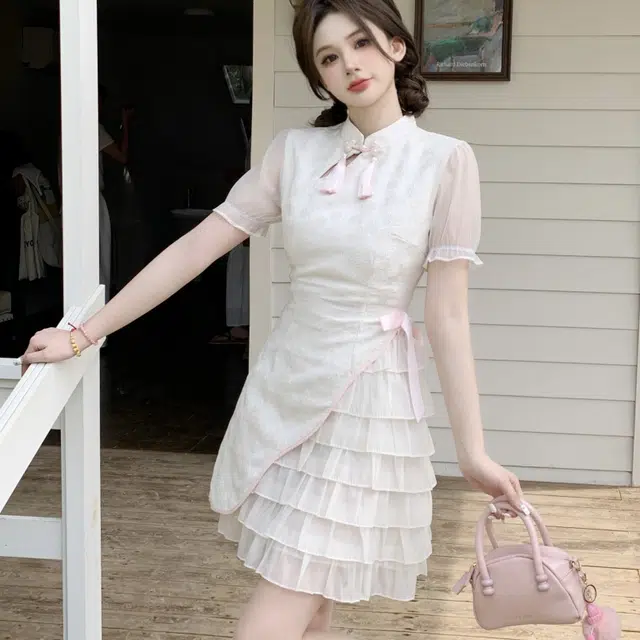 纤丝鸟 春夏 新中式甜美拼接轻盈收腰显瘦蝴蝶结网纱短袖连衣裙 女款 图色
