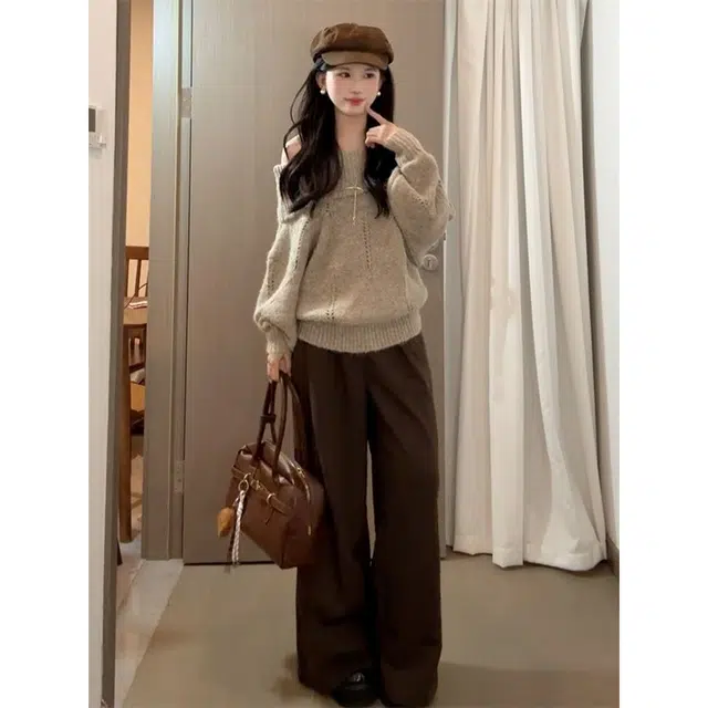 纤丝鸟 简约复古时尚宽松法式一字肩露肩舒适百搭修身针织衫 女款