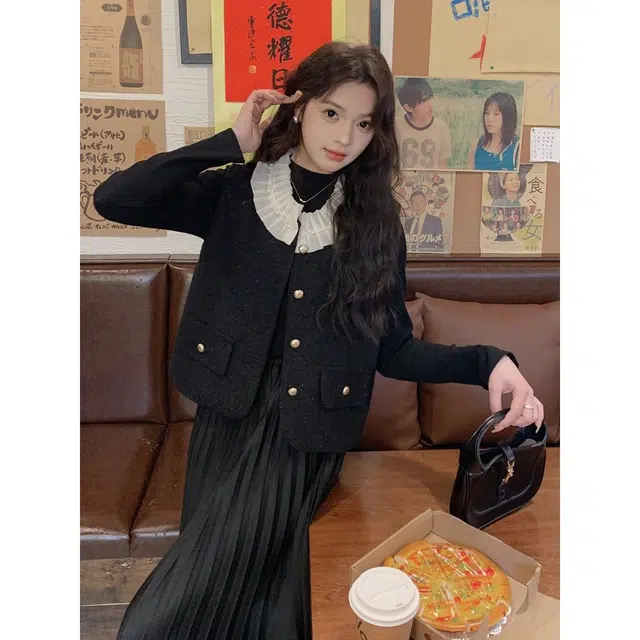 纤丝鸟 法式马甲长裙气质修身显瘦两件套长袖连衣裙 女款