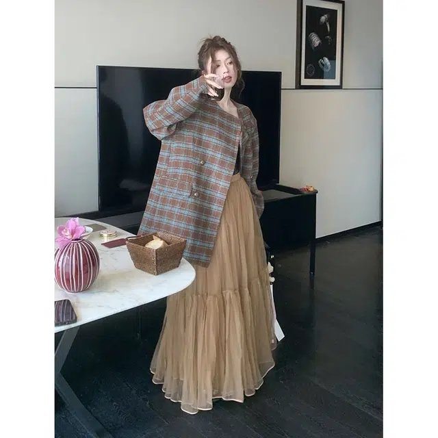 纤丝鸟 小香风格子大衣圆领法式复古韩系气质截短外套 女款