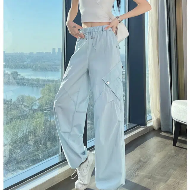 纤丝鸟 时尚潮流休闲百搭高腰直筒阔腿酷飒风户外束脚运动工装裤 女款