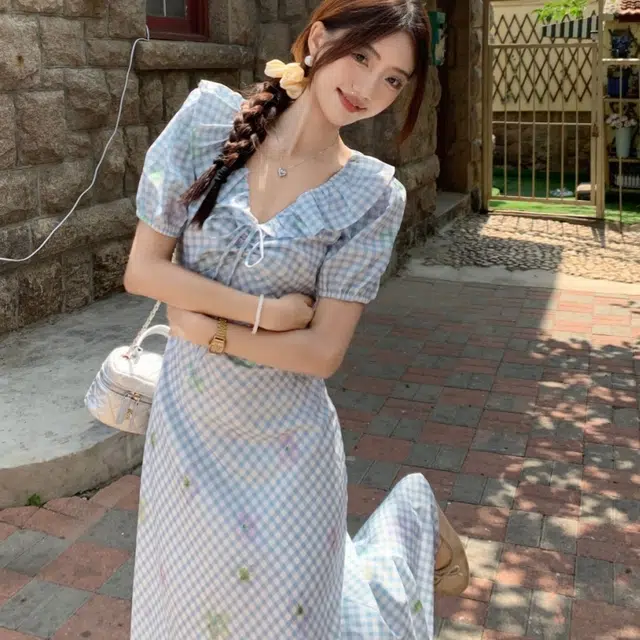 纤丝鸟 法式清新甜美风格纹别致收腰泡泡仙女裙碎花长裙短袖连衣裙 女款