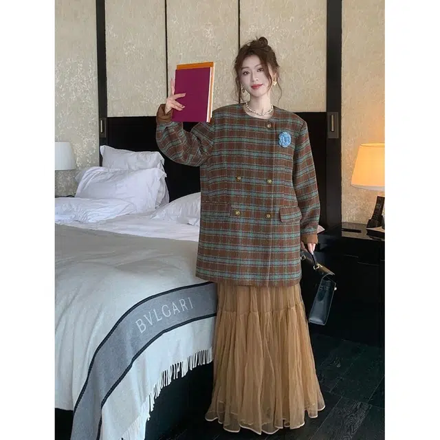 纤丝鸟 小香风格子大衣圆领法式复古韩系气质截短外套 女款