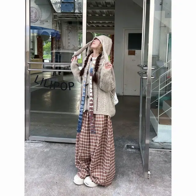 纤丝鸟 美式复古兔耳朵连帽开衫外套宽松慵懒风上衣潮针织衫 女款