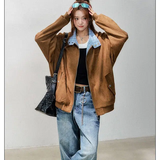 纤丝鸟 美式复古格子拼接外套时尚潮流休闲夹克棉服 女款