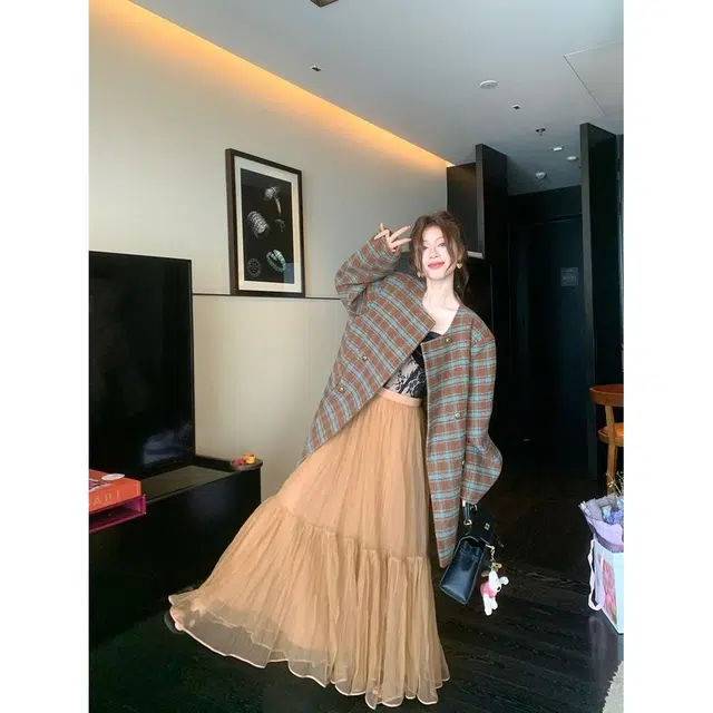 纤丝鸟 小香风格子大衣圆领法式复古韩系气质截短外套 女款