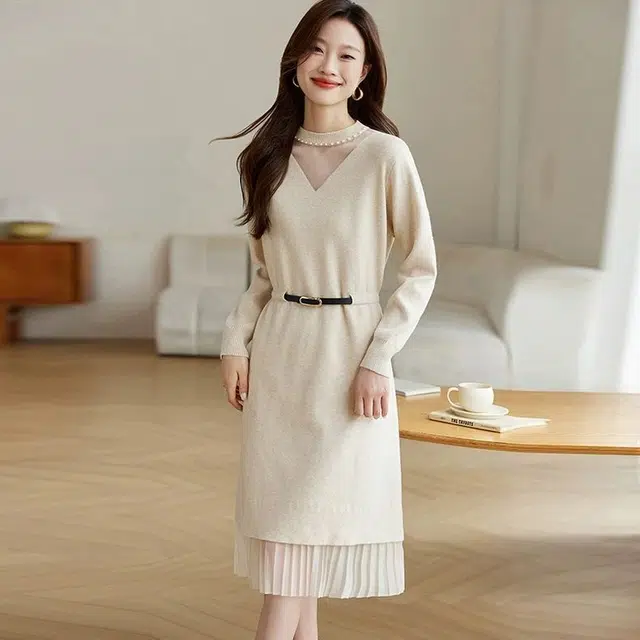 纤丝鸟 时尚高端气质圆领中长款假两件长袖连衣裙 女款