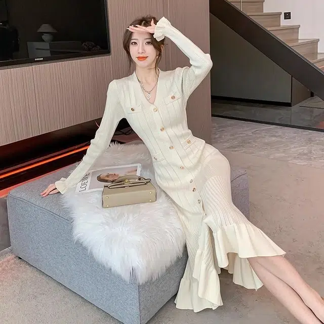 纤丝鸟 法式名媛气质显瘦鱼尾配大衣内搭长袖连衣裙 女款