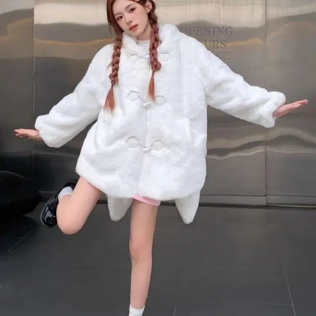 纤丝鸟 长袖立领设计兔子耳朵毛绒日系学院可爱外套针织衫 女款