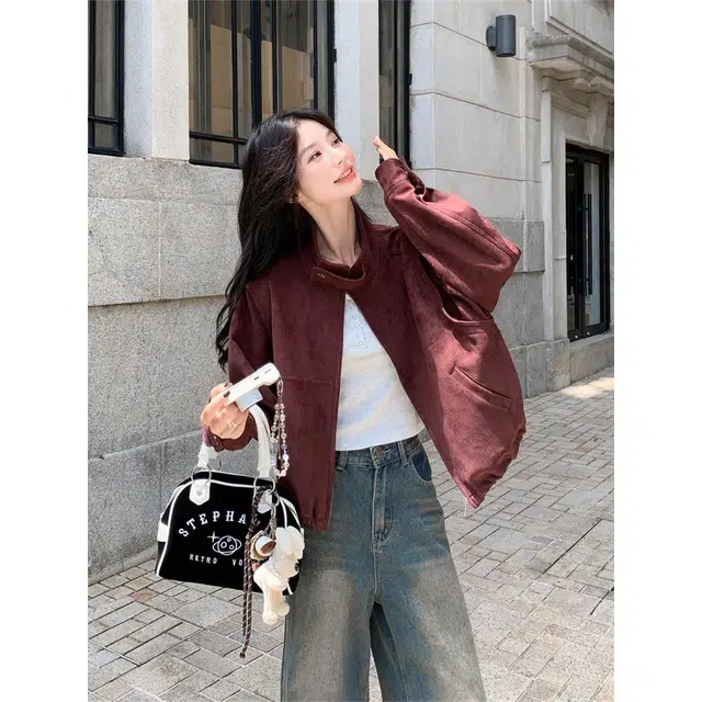 纤丝鸟 韩版休闲复古红女短款小个子夹克流行截短外套 女款