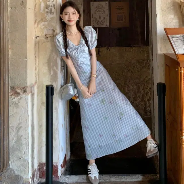 纤丝鸟 法式清新甜美风格纹别致收腰泡泡仙女裙碎花长裙短袖连衣裙 女款