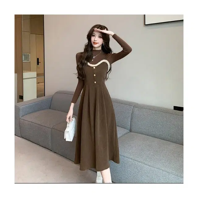 纤丝鸟 简约修身高腰款式设计法式复古风格气质时尚长袖连衣裙 女款