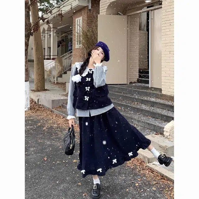 纤丝鸟 日系甜美娃娃领格子衬衫木耳边马甲半身裙时尚女裙装套装 女款