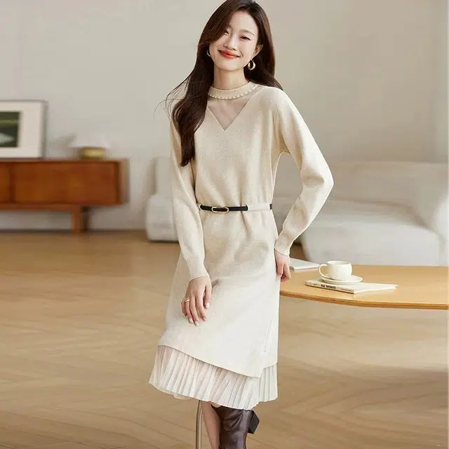 纤丝鸟 时尚高端气质圆领中长款假两件长袖连衣裙 女款