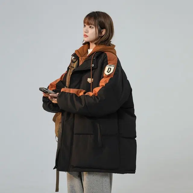 纤丝鸟 假两件服女宽松中长款连帽衣外套美式小众面包服棉服 女款