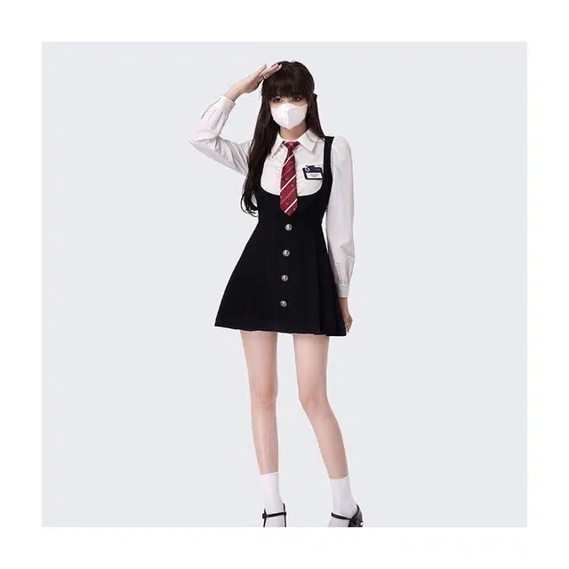 纤丝鸟 美式假两件甜辣学院风收腰显瘦连衣裙女长袖衬衫裙装套装 女款