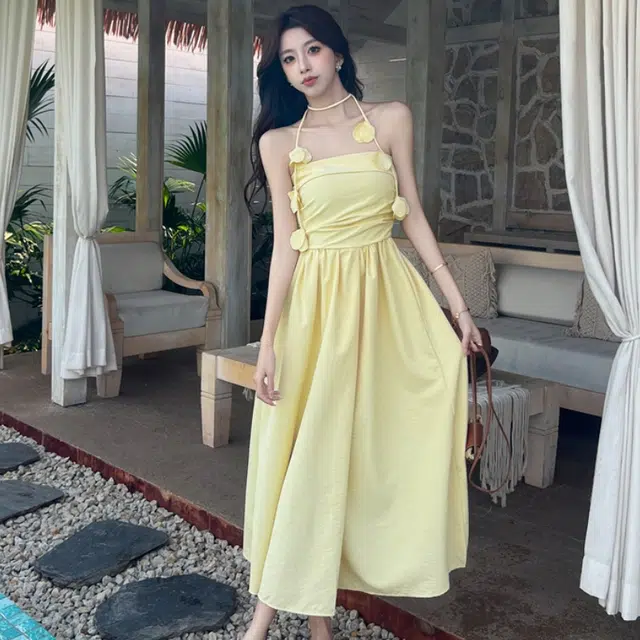 纤丝鸟 时尚设计感多巴胺法式温柔气质休闲舒适无袖连衣裙 女款