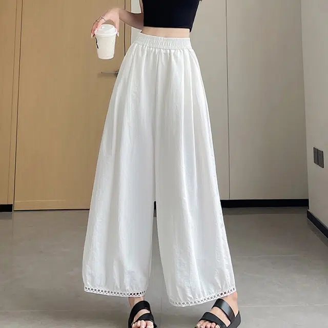 纤丝鸟 时尚百搭高腰宽松阔腿垂感蕾丝拼接显瘦休闲裤 女款