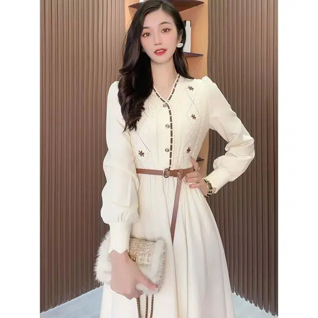 纤丝鸟 针织裙打底内搭法式赫本风气质收腰裙子长袖连衣裙 女款