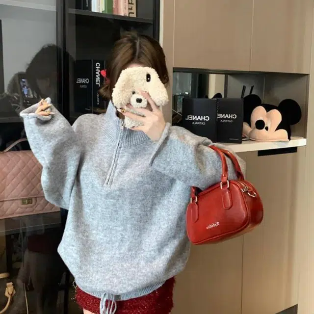 纤丝鸟 设计感撞色字母立领套头软糯宽松外穿针织衫 女款