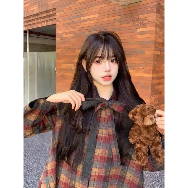 纤丝鸟 简约时尚韩系格子宽松中长款优雅气质截短外套 女款