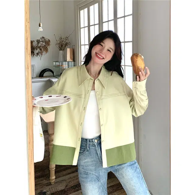 纤丝鸟 撞色拼接小清新翻领休闲设计感上衣截短外套 女款