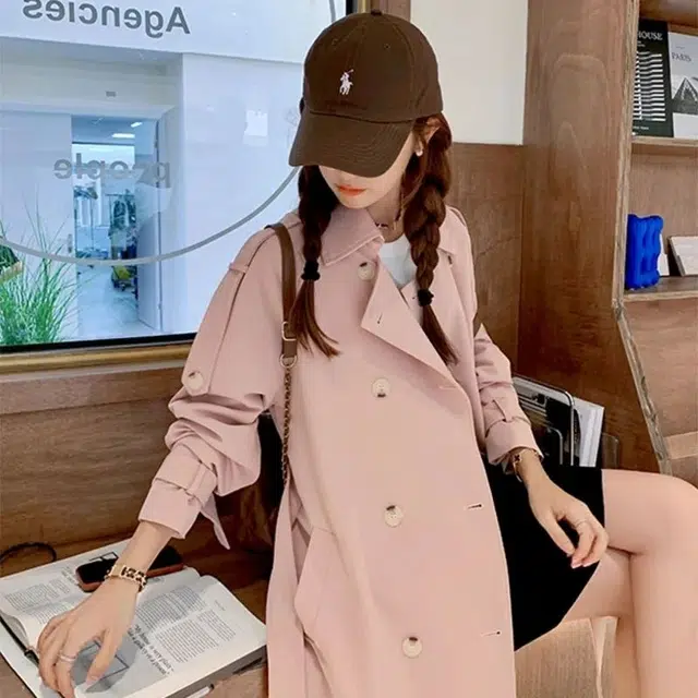 纤丝鸟 英伦风粉色外套女高级宽松显瘦小个子中长款大衣 女款