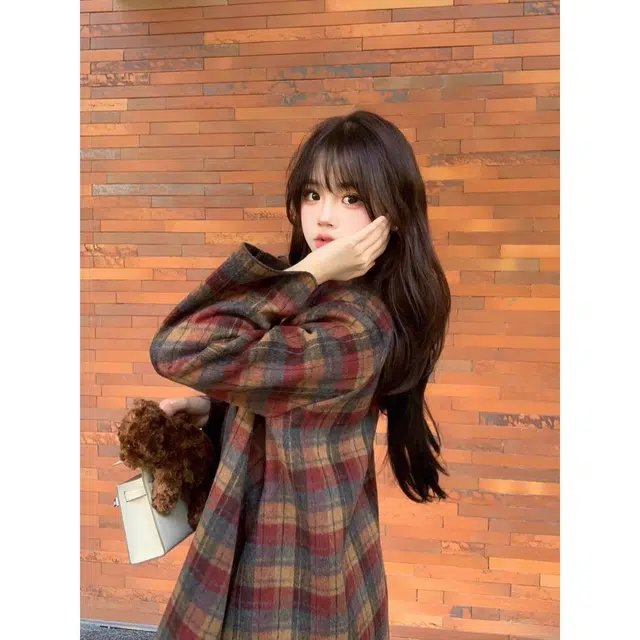 纤丝鸟 简约时尚韩系格子宽松中长款优雅气质截短外套 女款