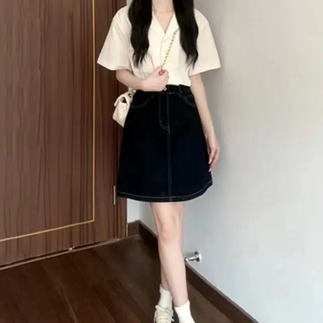 纤丝鸟 高腰时尚简约百搭上衣短袖通勤法式气质半身裙裙装套装 女款
