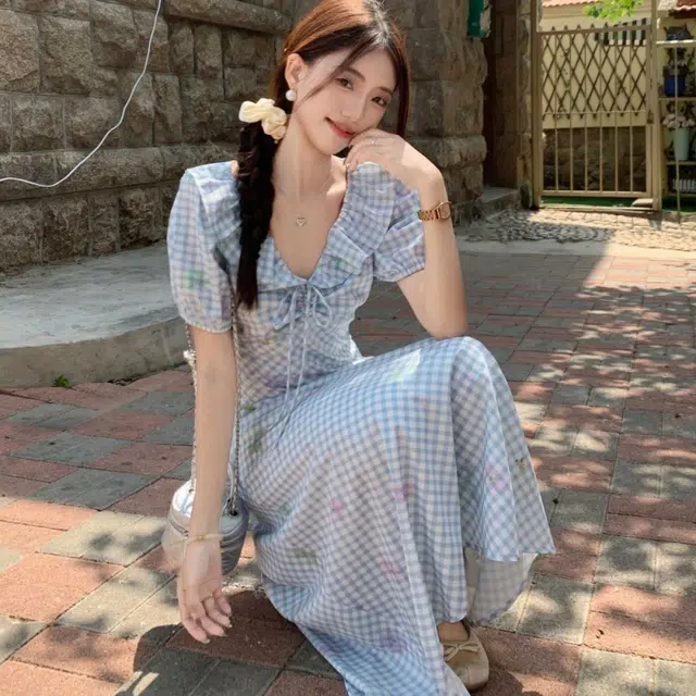 纤丝鸟 法式清新甜美风格纹别致收腰泡泡仙女碎花短袖连衣裙 女款